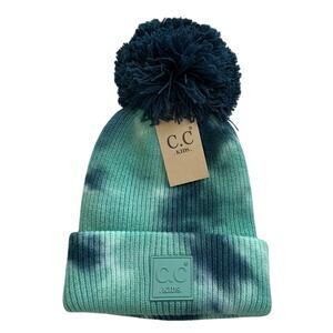 NEW! Kid’s Teal Blue or Yellow Gray Tie Dye Pom Pom Ribbed Beanie (K0082)